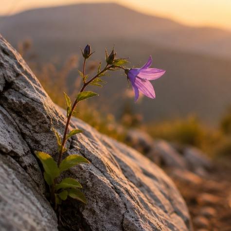 Eine Glockenblume wächst aus einem Felsspalt im Abendlicht