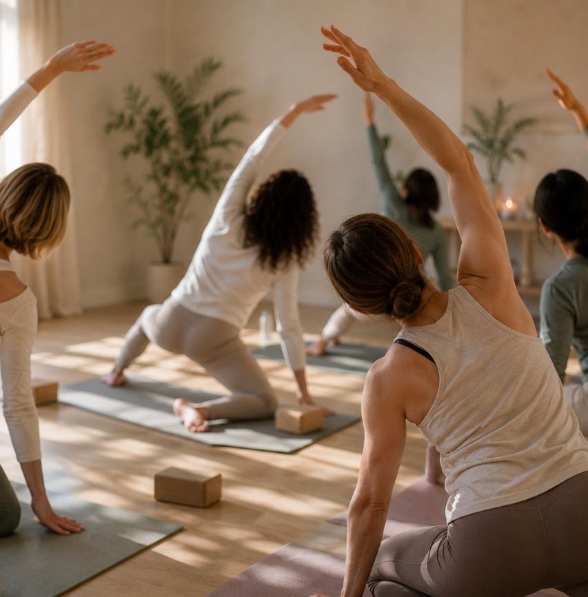 Eine Gruppe Frauen übt gemeinsam Yoga in einem hellen Raum