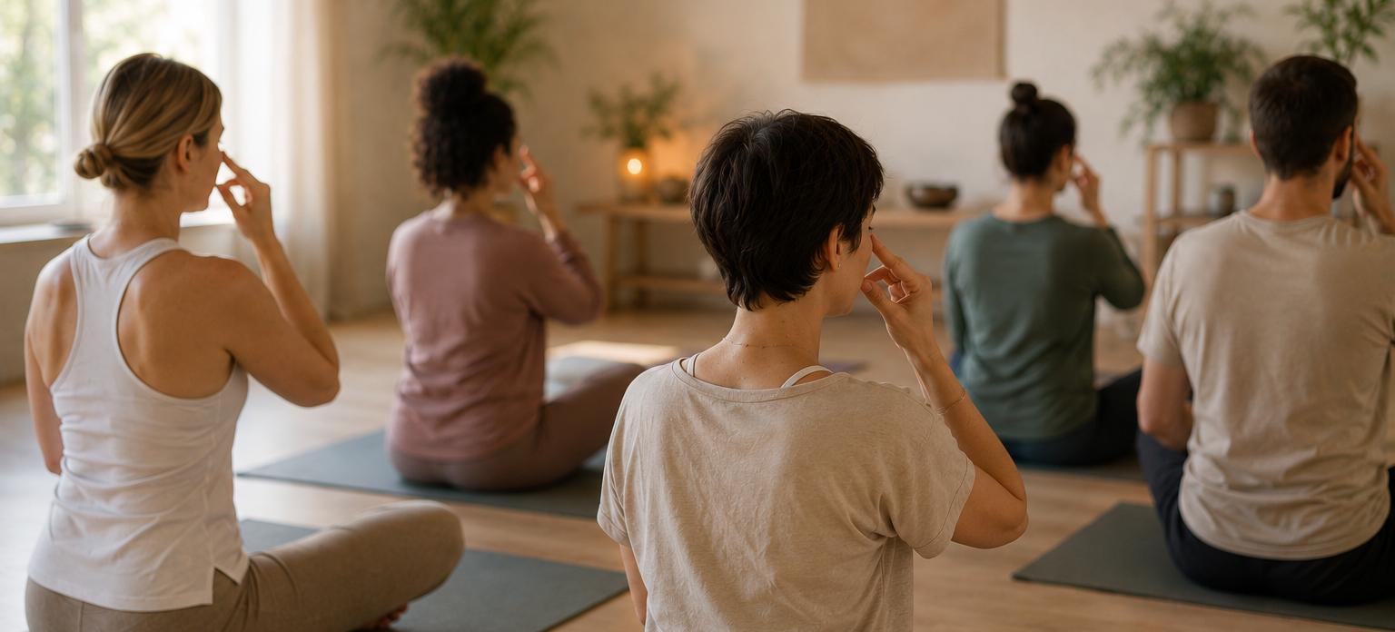 Eine Gruppe Menschen praktiziert gemeinsam Wechselatmung auf Yogamatten