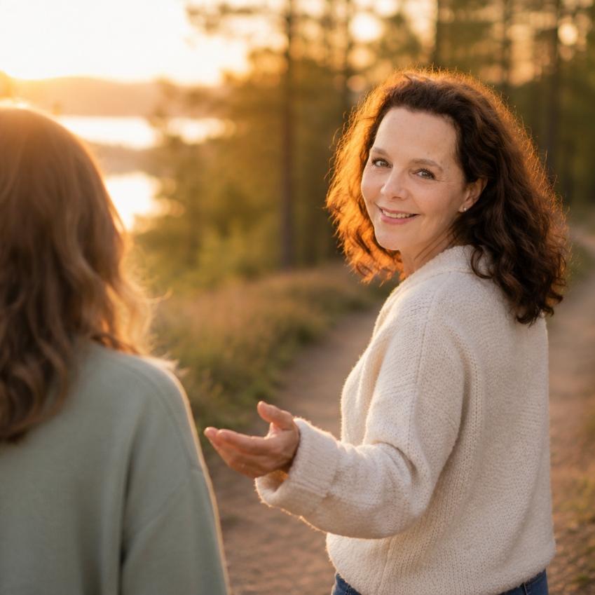 Sabina M. Schwaninger im Gespräch mit einer Frau bei einem Spaziergang