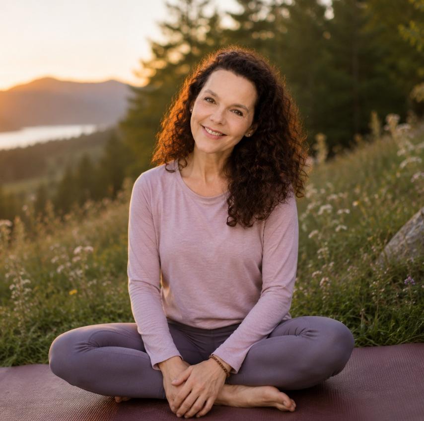 Sabina M. Schwaninger sitzt im Schneidersitz auf einer Yogamatte in einer Bergwiese